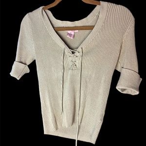 Bandolino Sz Small Tan/Beige Sexy/Cute Tie Front Ribbed Cuffed Sleeve Top Blouse